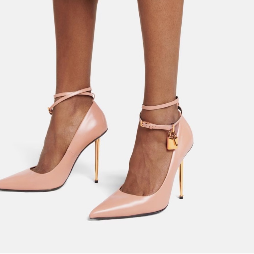 Tom Ford Pink Patent Leather Pointed-Toe Ankle-Strap Pumps with Gold Heel